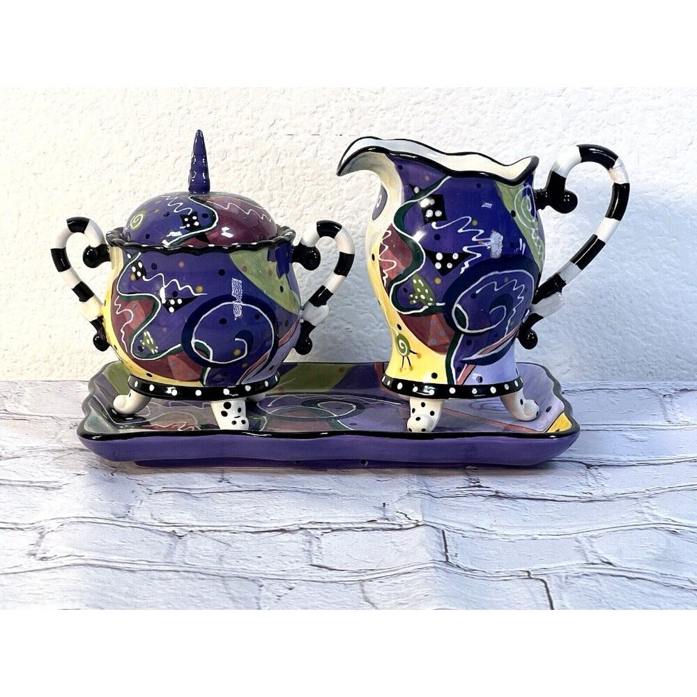 vtg Spiral hand hand painted creamer and sugar bowl set whimsy alice/wonderland - Picture 4 of 5